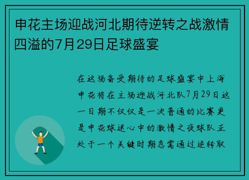 申花主场迎战河北期待逆转之战激情四溢的7月29日足球盛宴